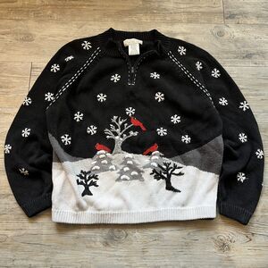 Vintage Sweater Women Large Winter Christmas Embroidered 90s Grandma Black White